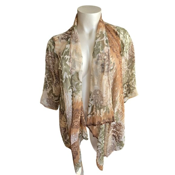 Paisley Kimono Shawl Cardigan Wrap Brown and Green and Gold OS  JJ4028 - Picture 1 of 9